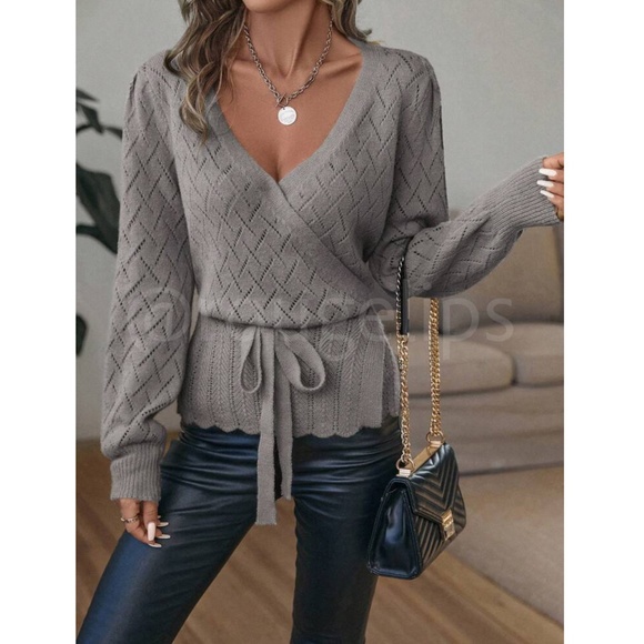 Gray Wrap Cardigan Long Lantern Sleeve Ties - Picture 5 of 8